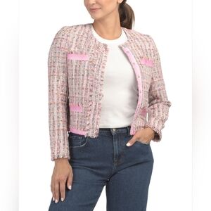 Ecru Pink Button Front Tweed Blazer Jacket